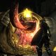 The Adjudicator boss in Demon's Souls brandishes its tongue at a silhouetted figure.